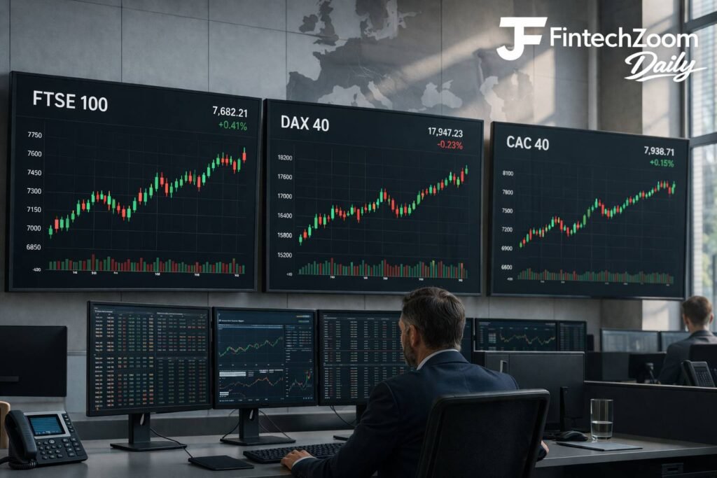 FTSE 100, DAX 40 and CAC 40 displayed on trading screens with stock charts