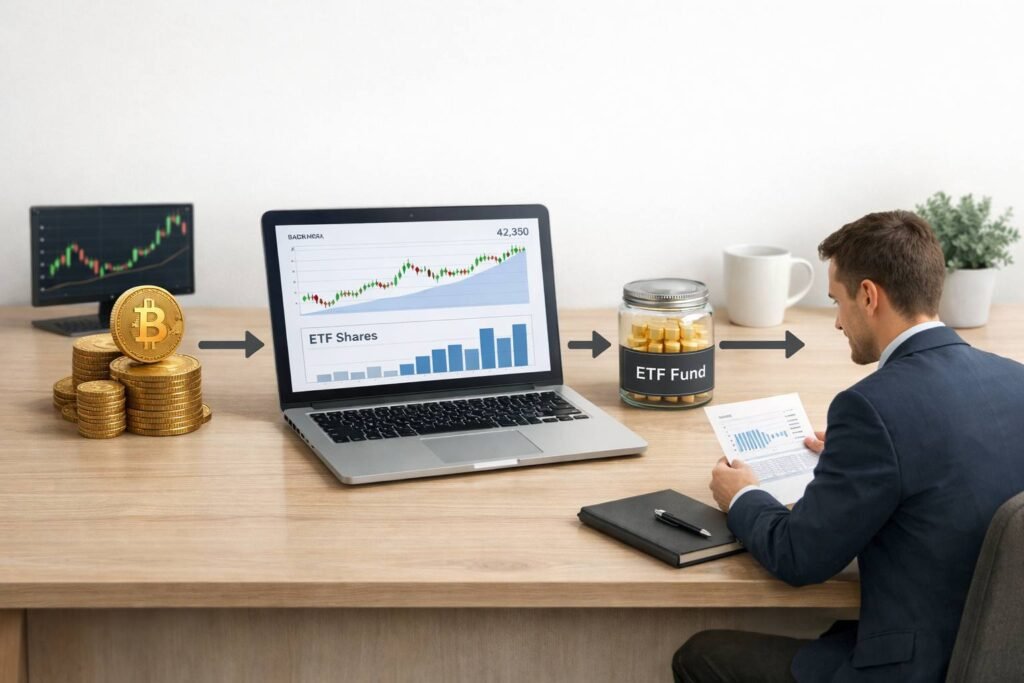 how crypto ETF works showing Bitcoin price tracking and ETF investment process