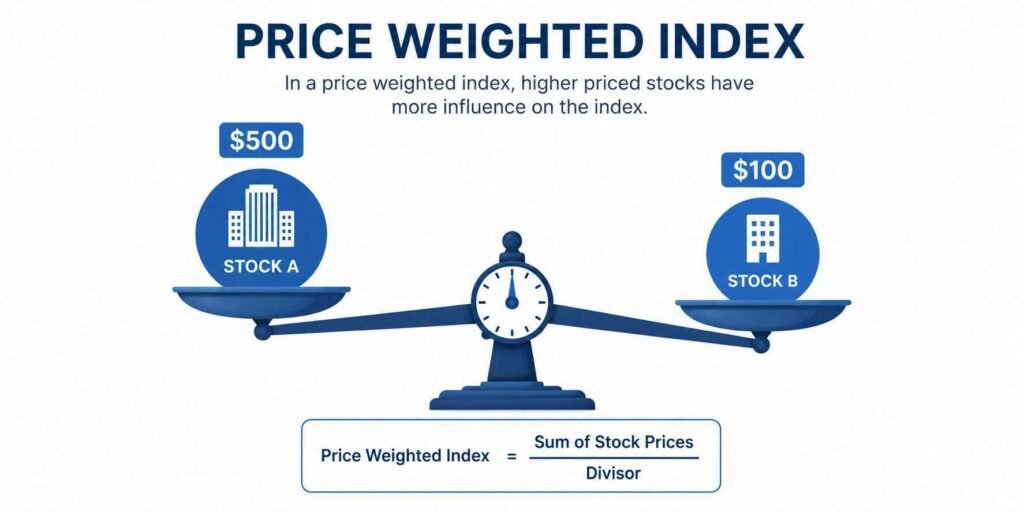 Dow Jones price weighted index stock A versus stock B scale infographic