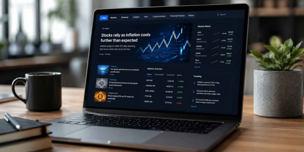 FintechZoom Daily finance news and market analysis platform on laptop