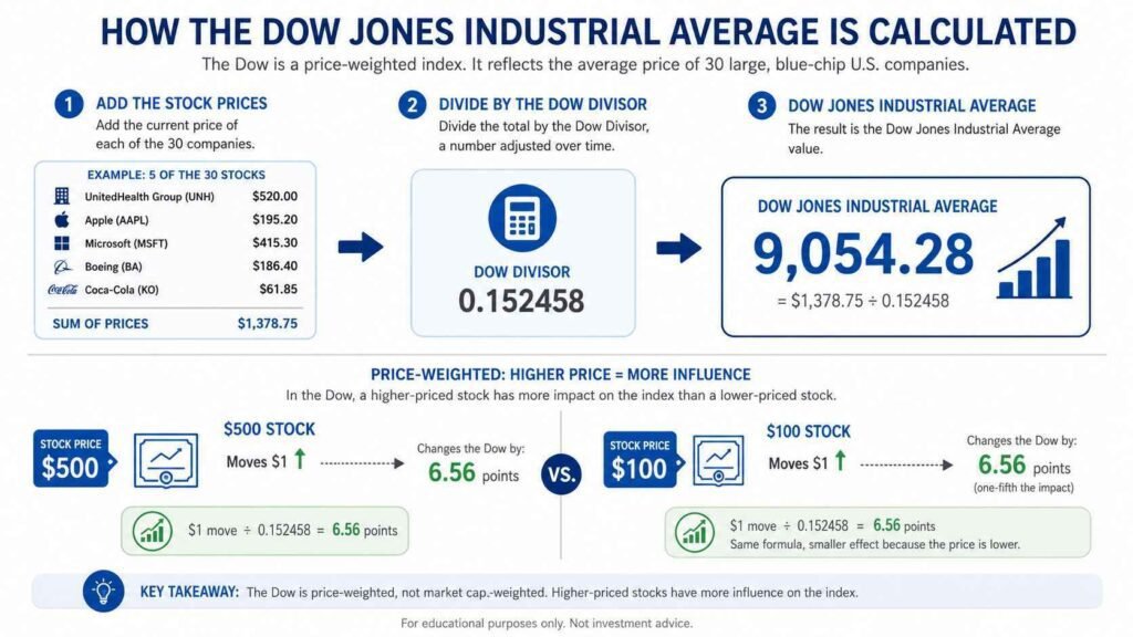 How the Dow Jones Industrial Average is calculated using the Dow Divisor