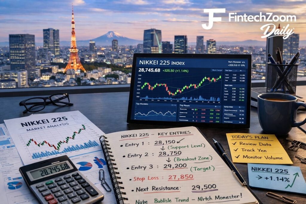 Nikkei 225 market analysis on trading screen with financial reports