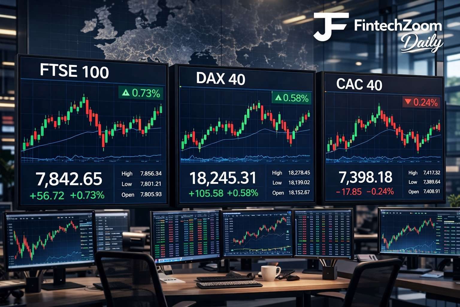 European stock market indices FTSE 100 DAX 40 CAC 40 with live charts and percentage changes