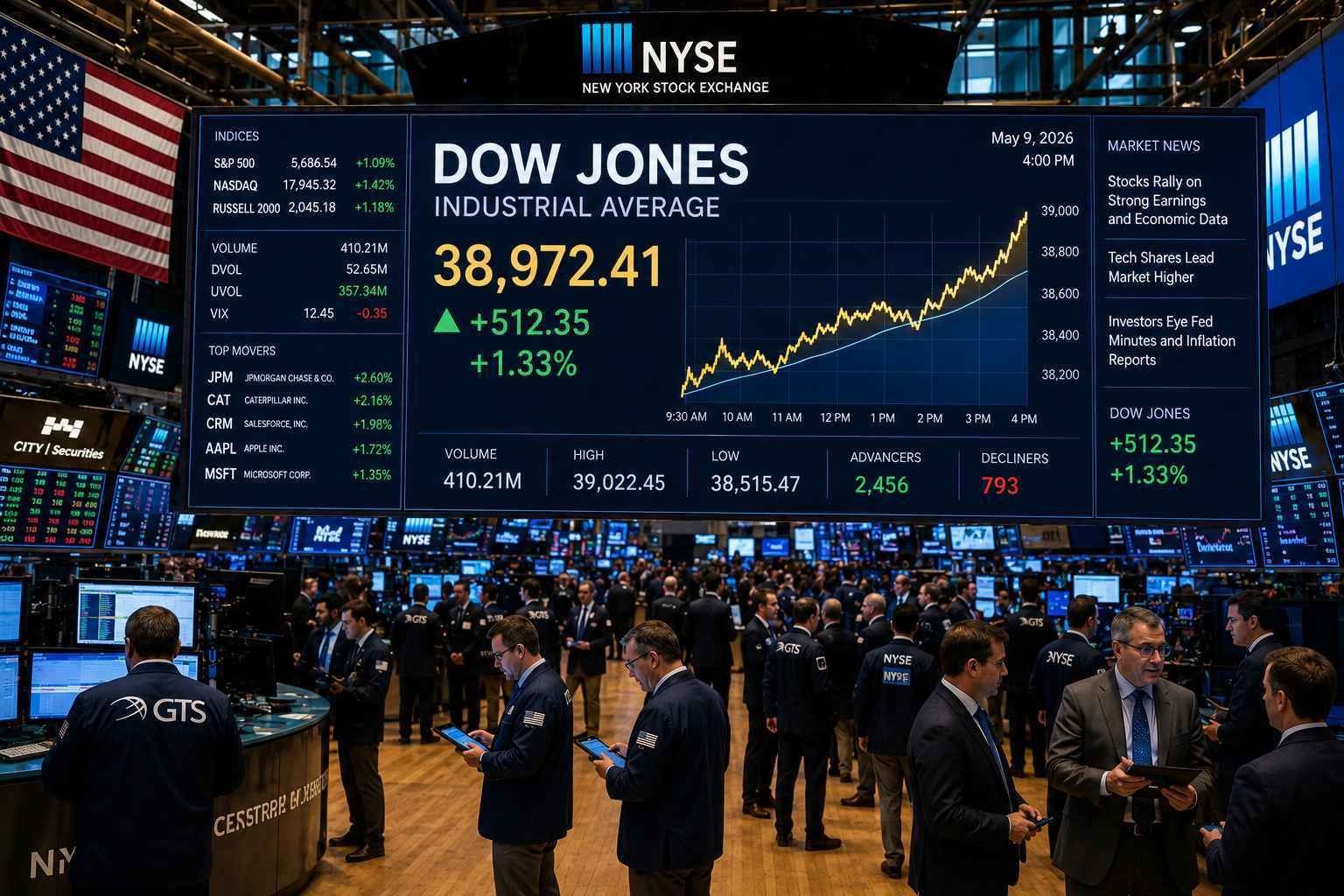 FintechZoom Dow Jones Industrial Average NYSE trading floor 2026