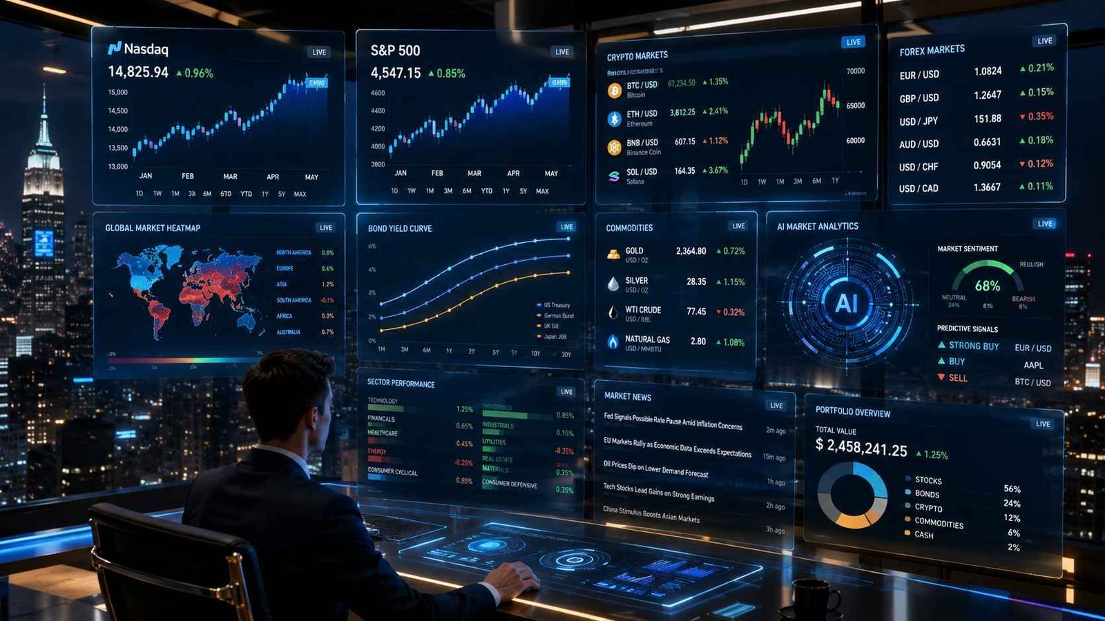 A cinematic ultra-modern fintech trading workspace featuring a professional investor surrounded by holographic financial dashboards displaying Nasdaq and S&P 500 charts, Bitcoin and Ethereum prices, forex pairs, commodities, bond yield curves, AI-powered analytics, and global market heatmaps in a sleek dark-themed environment with blue and gold lighting.