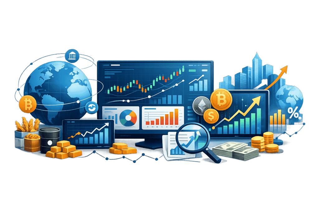 FintechZoom Global Financial Markets FintechZoom illustration showing cryptocurrency, stock markets, commodities, and global financial trends